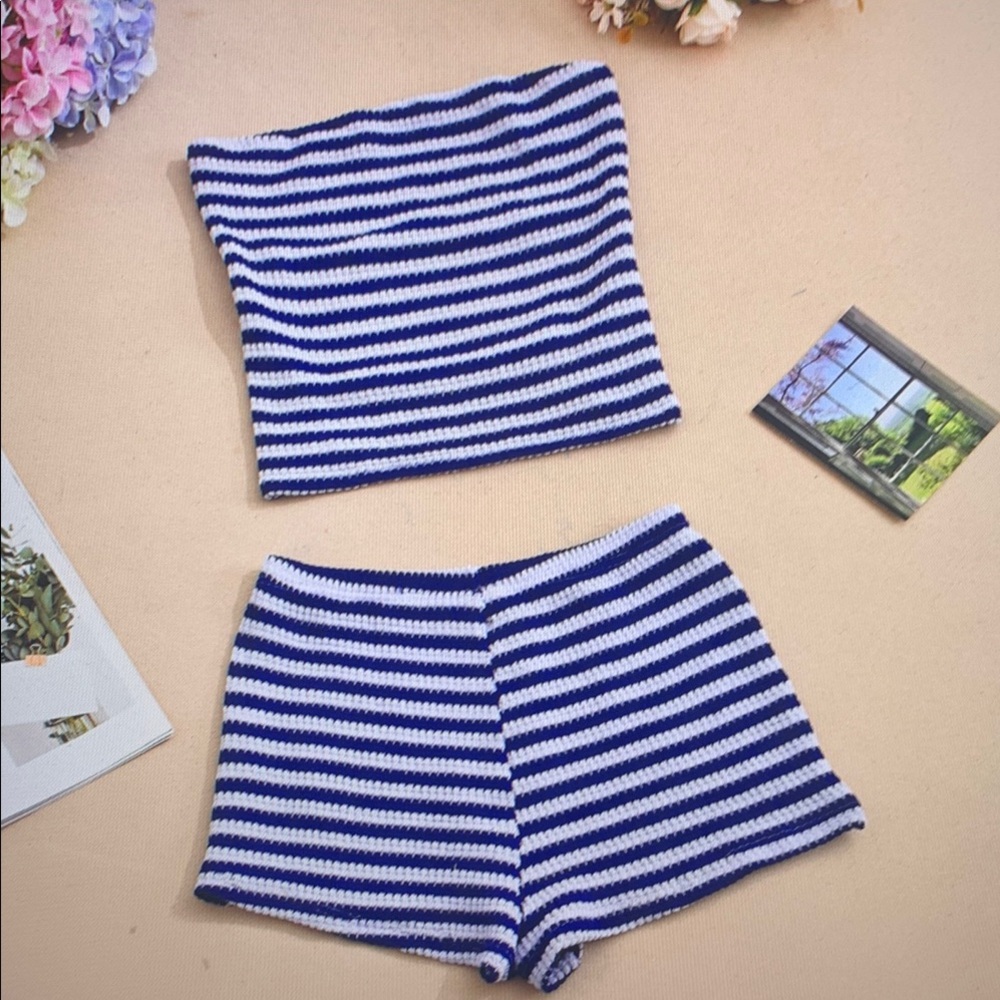 Striped Blue & White Knit Women's Shorts - Classic Summer Style - Picture 5 of 5